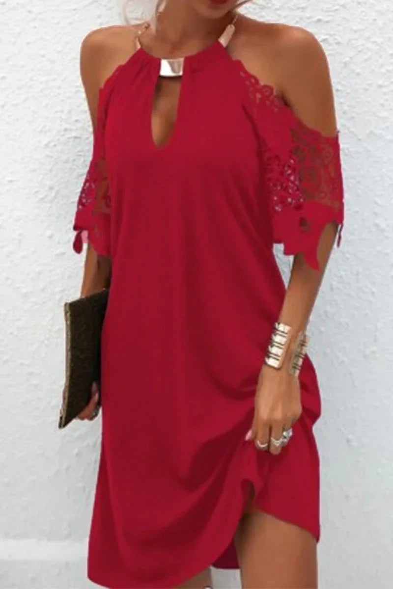 Naila - Elegant solid lace dress with metallic accessories and embellishments, with a belt line. - Calestra