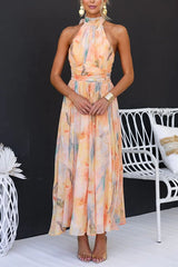Halter Neck Open Back Waisted Watercolor Print Maxi Dress - Calestra