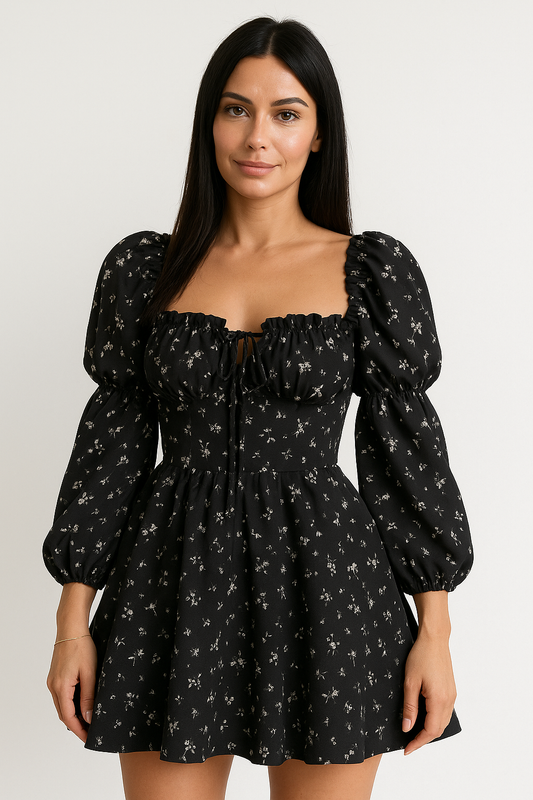 Puff Sleeve Floral Dress with Open Back