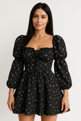 Puff Sleeve Floral Dress with Open Back