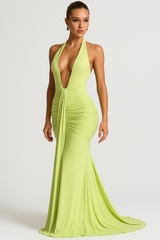 Halter Maxi Gown – Deep V-Neck, Draped Ruched