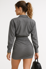 Striped Two-Piece Set Lapel Shirt & Slim Mini Skirt
