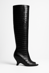 Croc-Embossed Peep Toe Boots