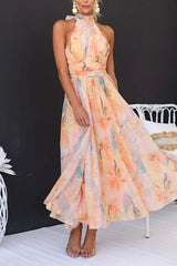 Halter Neck Open Back Waisted Watercolor Print Maxi Dress - Calestra