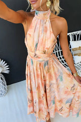 Halter Neck Open Back Waisted Watercolor Print Maxi Dress - Calestra