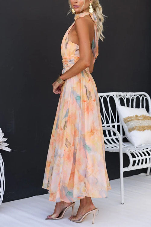 Halter Neck Open Back Waisted Watercolor Print Maxi Dress - Calestra