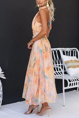 Halter Neck Open Back Waisted Watercolor Print Maxi Dress - Calestra