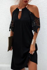 Naila - Elegant solid lace dress with metallic accessories and embellishments, with a belt line. - Calestra