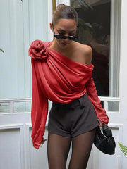 Chiffon Semi-sheer One Shoulder Asymmetrical Blouse - Calestra