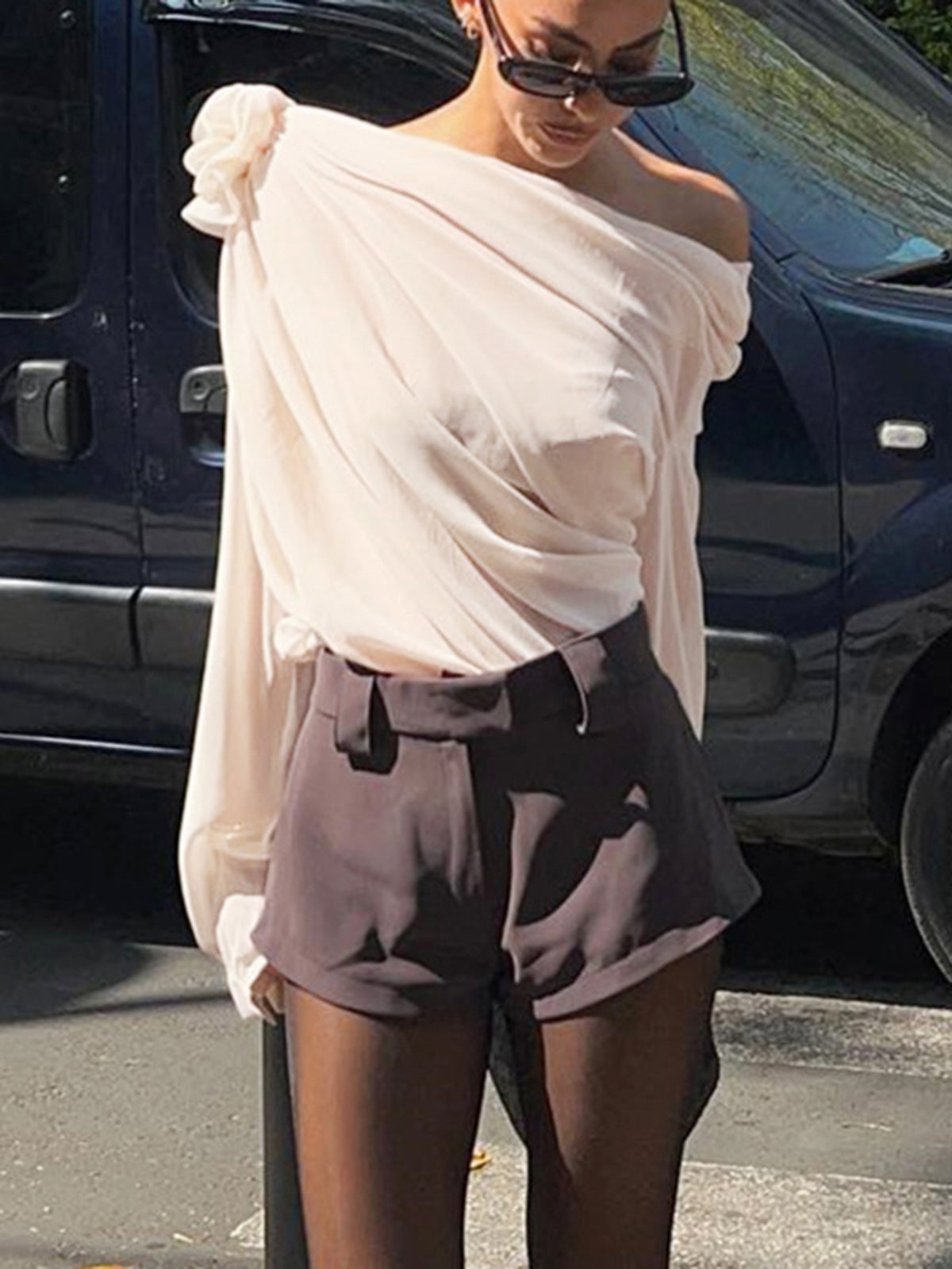 Chiffon Semi-sheer One Shoulder Asymmetrical Blouse - Calestra