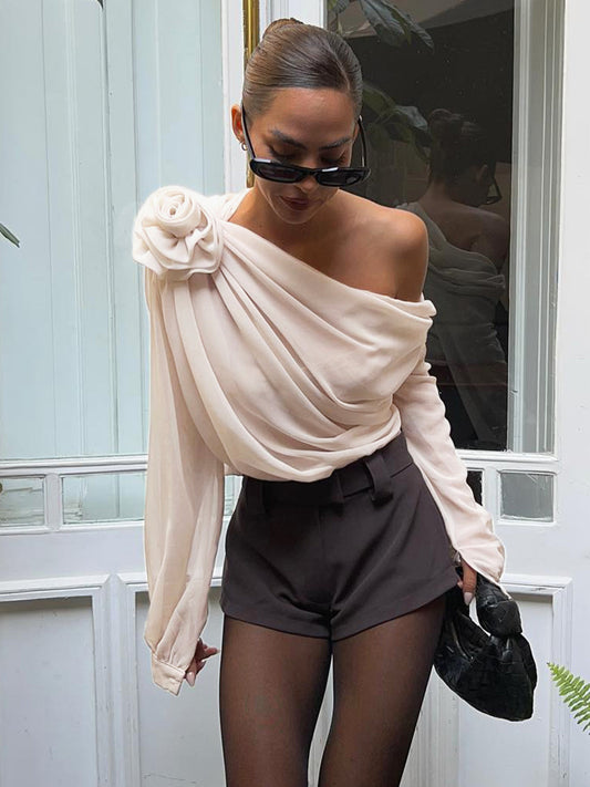 Chiffon Semi-sheer One Shoulder Asymmetrical Blouse - Calestra