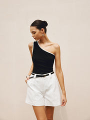 Contrast Trim One Shoulder Off Tank Top - Calestra