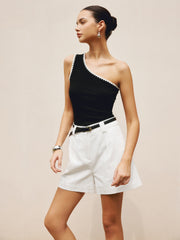 Contrast Trim One Shoulder Off Tank Top - Calestra