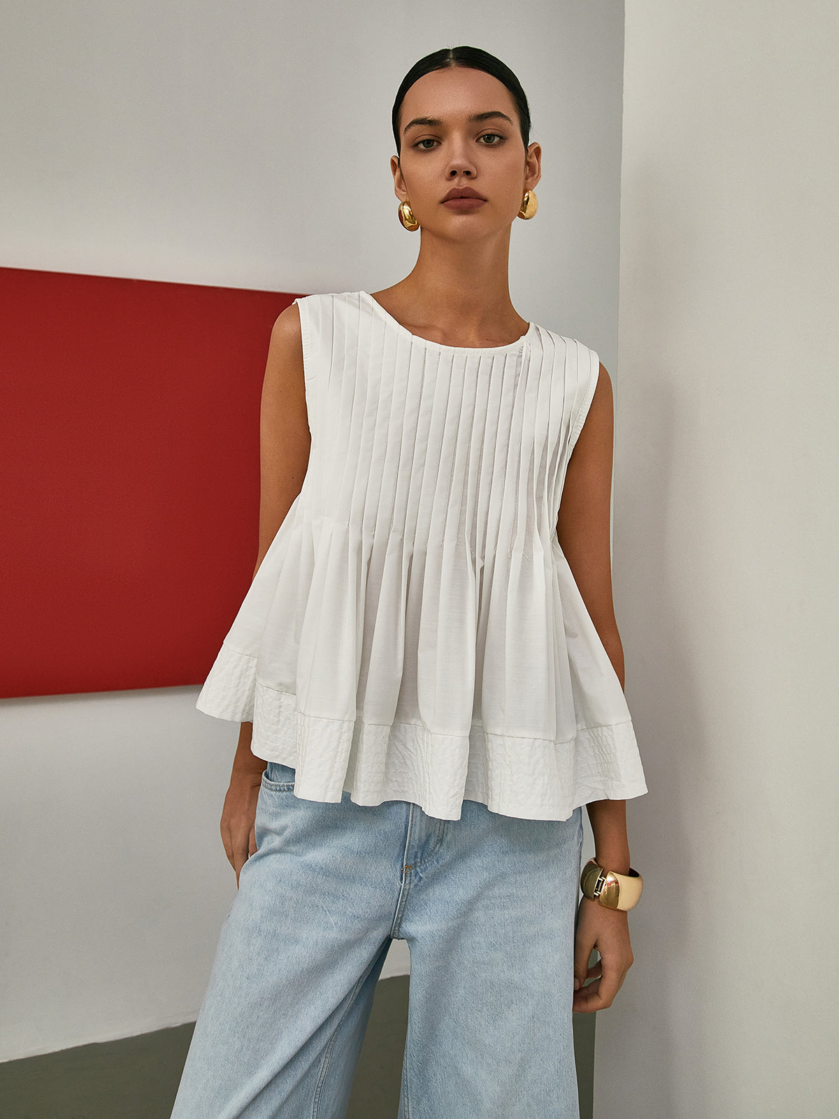 Pleated Peplum Sleeveless Blouse - Calestra