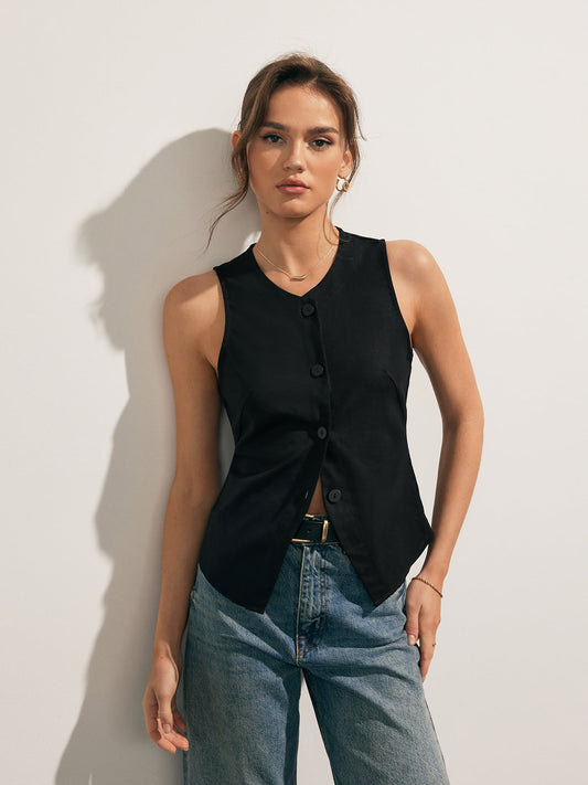 Linen Blends Button Up Tank Top - Calestra