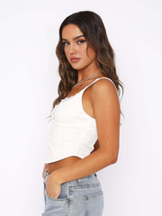 Lace Trim Button Up Strappy Top - Calestra