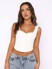 Lace Trim Button Up Strappy Top - Calestra