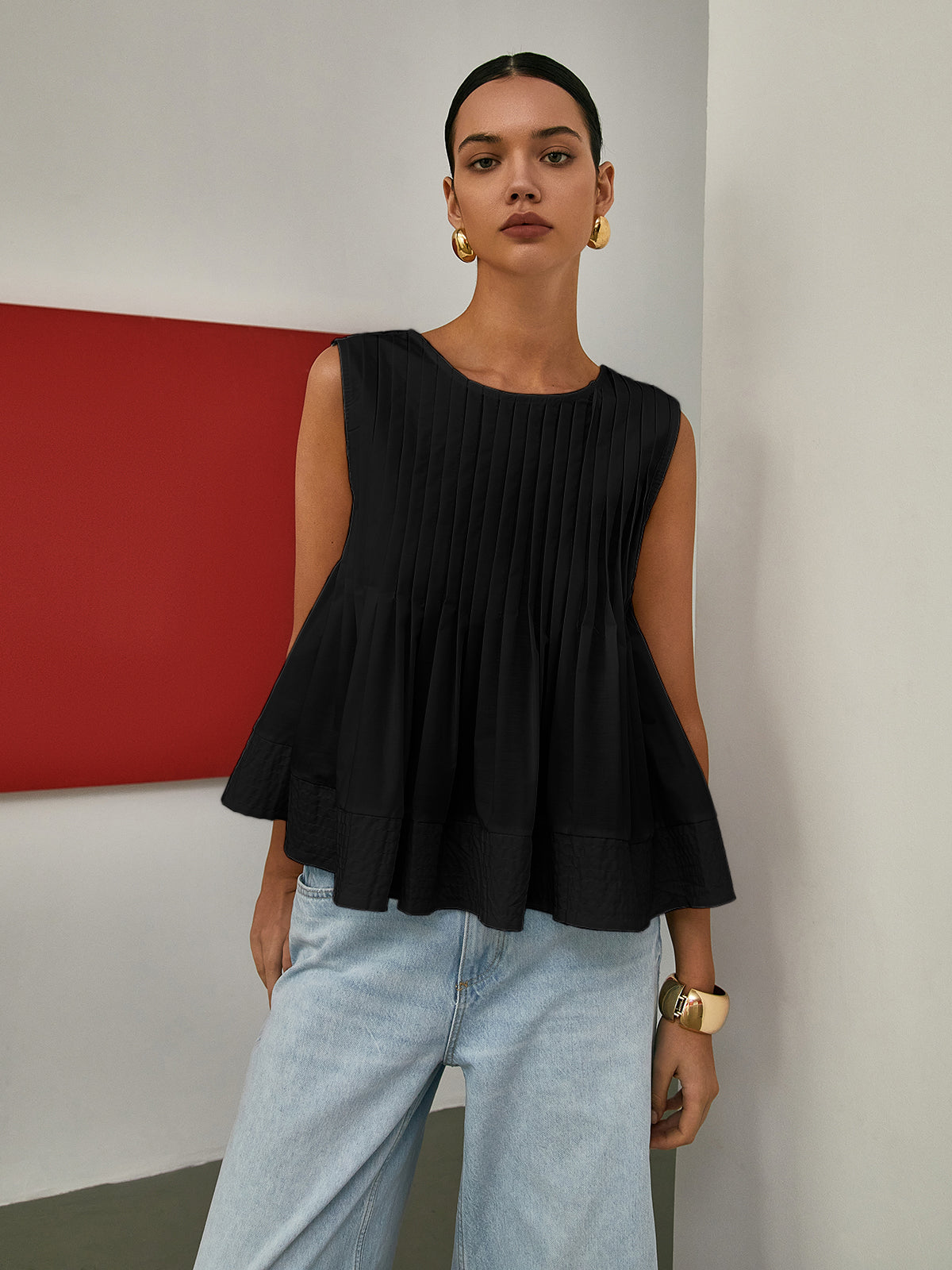 Pleated Peplum Sleeveless Blouse - Calestra