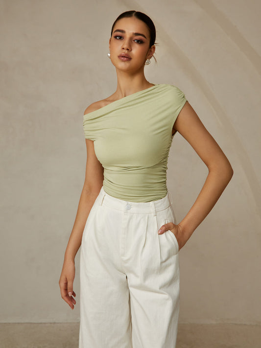 Asymmetrical Neck Sleeveless T-Shirt - Calestra