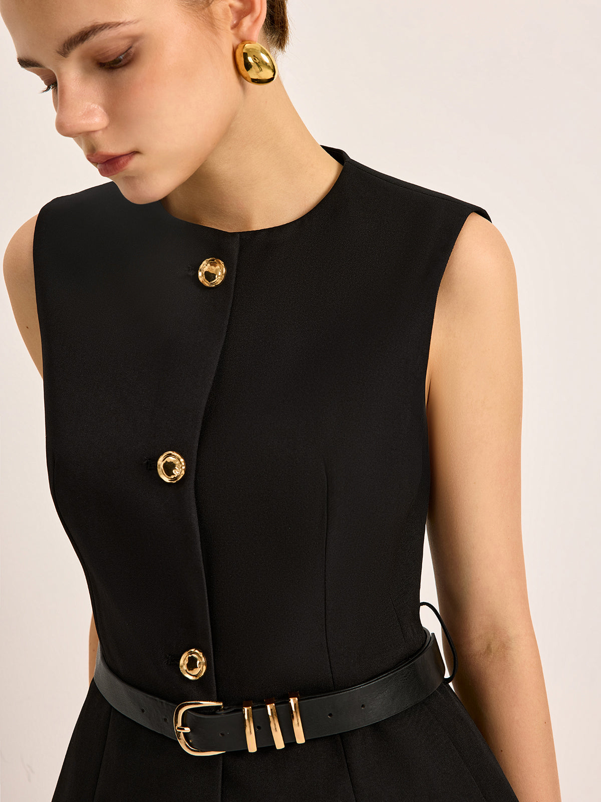 Button Detail Pockets Top With Belt - Calestra