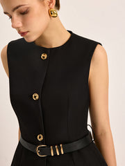 Button Detail Pockets Top With Belt - Calestra