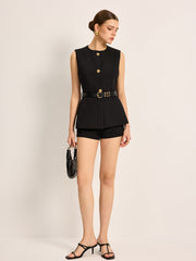 Button Detail Pockets Top With Belt - Calestra