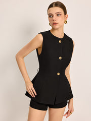 Button Detail Pockets Top With Belt - Calestra