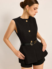 Button Detail Pockets Top With Belt - Calestra