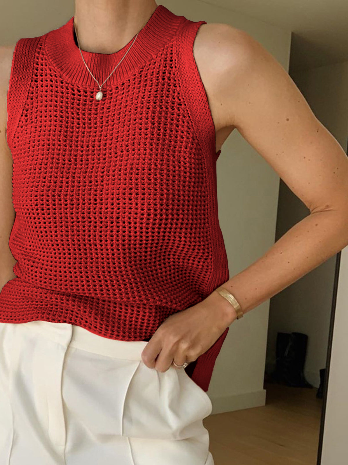 Knit Hollow Solid Tank Top - Calestra