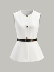 Button Detail Pockets Top With Belt - Calestra