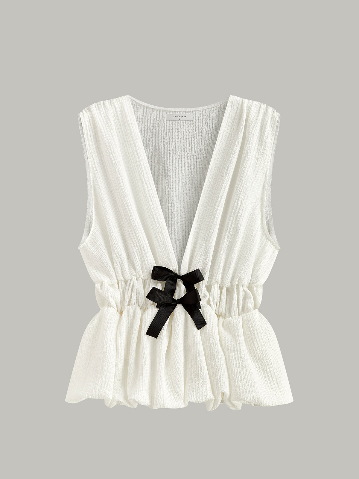 V-Neck Gathered Waist Bow-Detail Top - Calestra