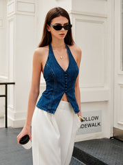 Halter Neck Button Detail Denim Top - Calestra