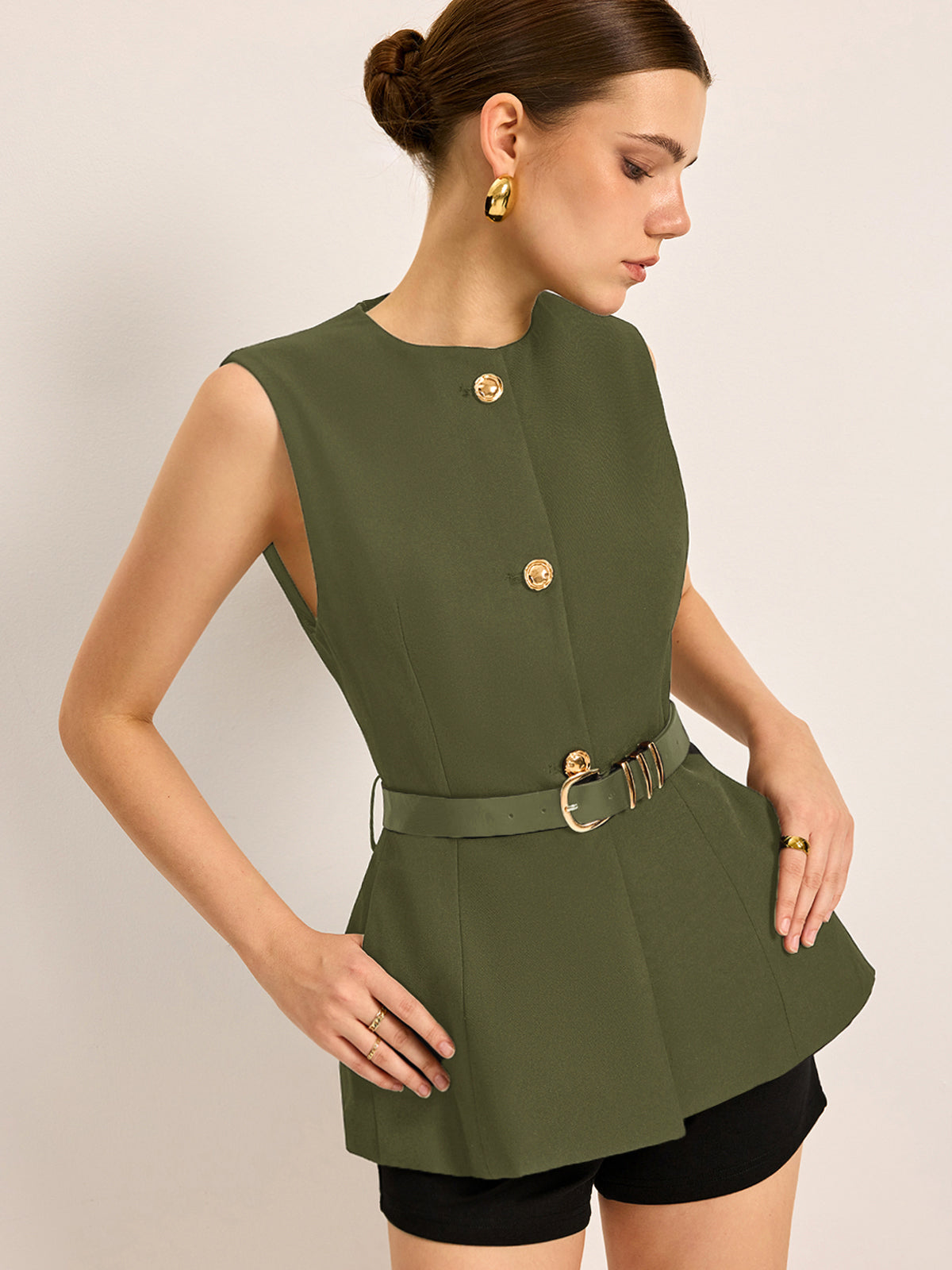 Button Detail Pockets Top With Belt - Calestra