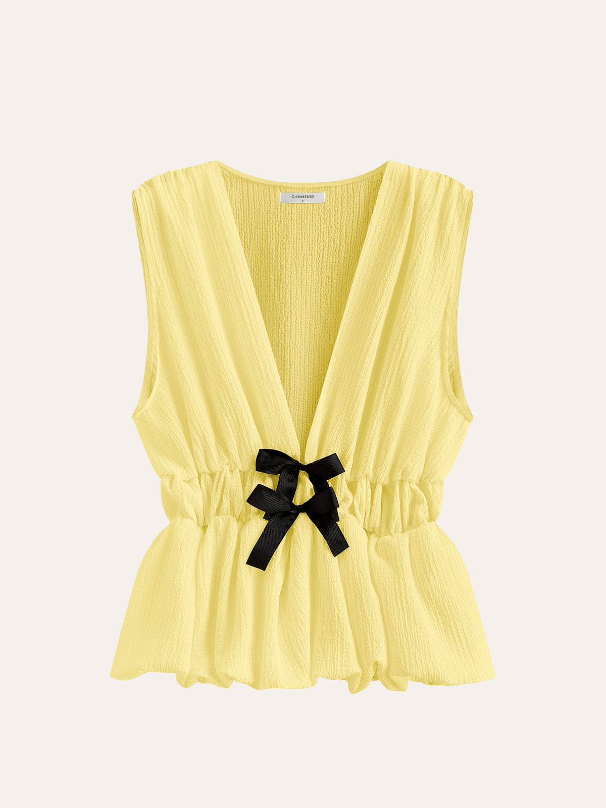 V-Neck Gathered Waist Bow-Detail Top - Calestra