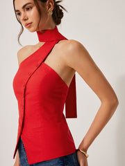 Cotton & Linen Halter Top With Decor Pockets - Calestra