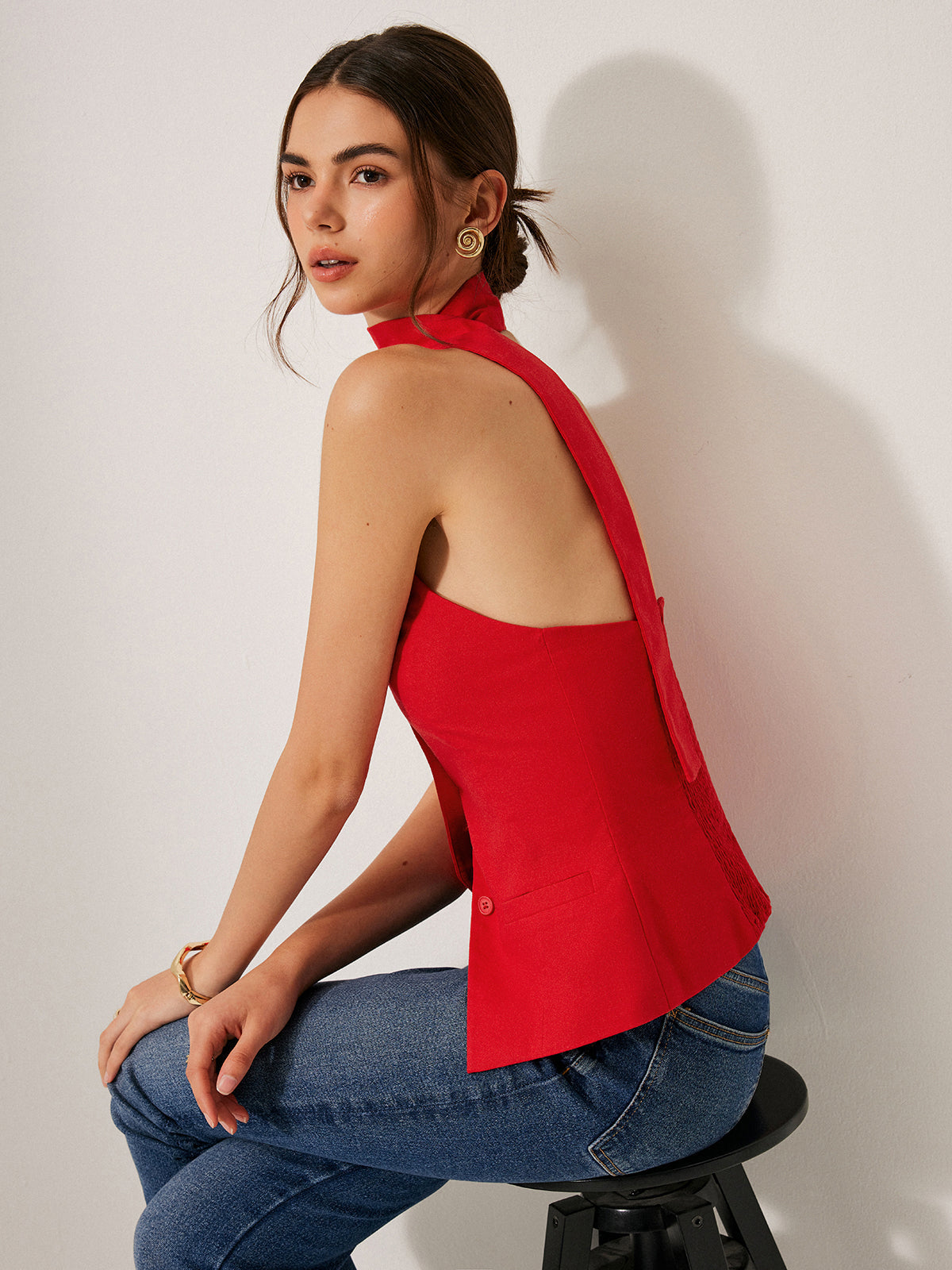 Cotton & Linen Halter Top With Decor Pockets - Calestra