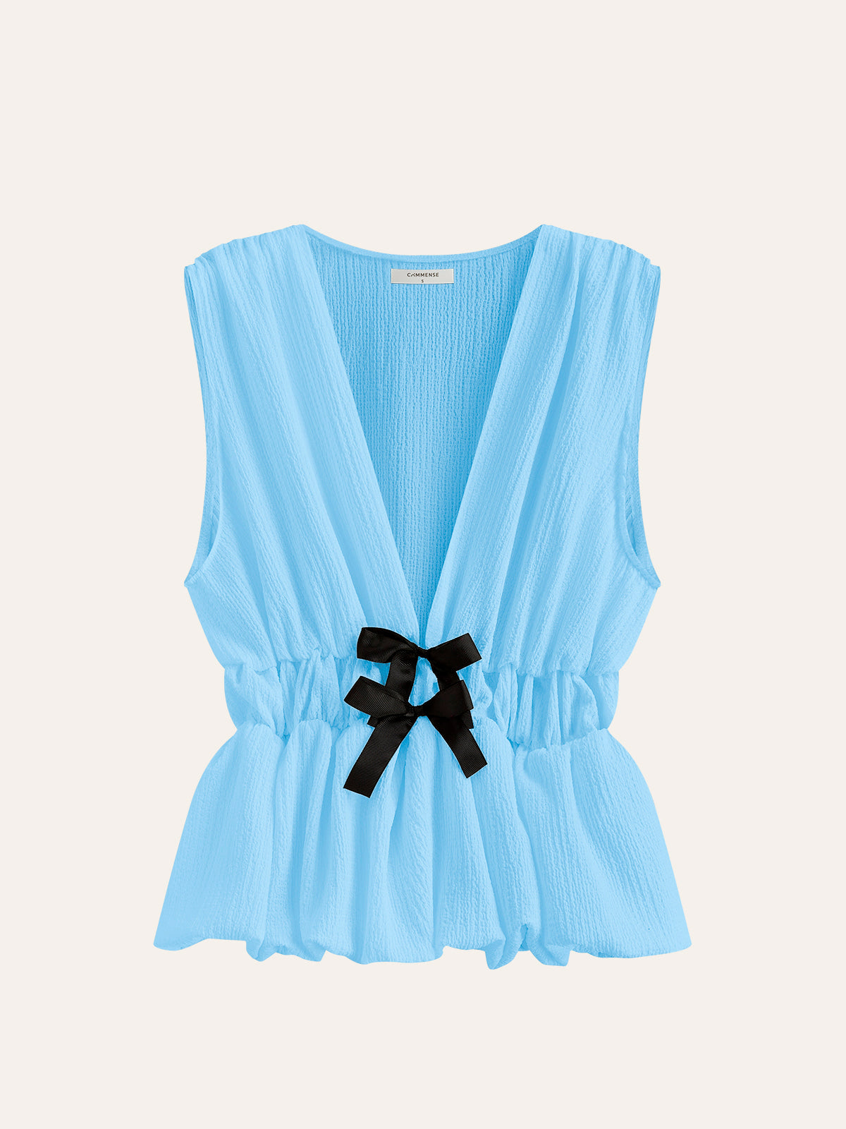 V-Neck Gathered Waist Bow-Detail Top - Calestra