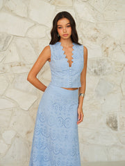 Scalloped Neckline Button-Front Eyelet Crop Top - Calestra