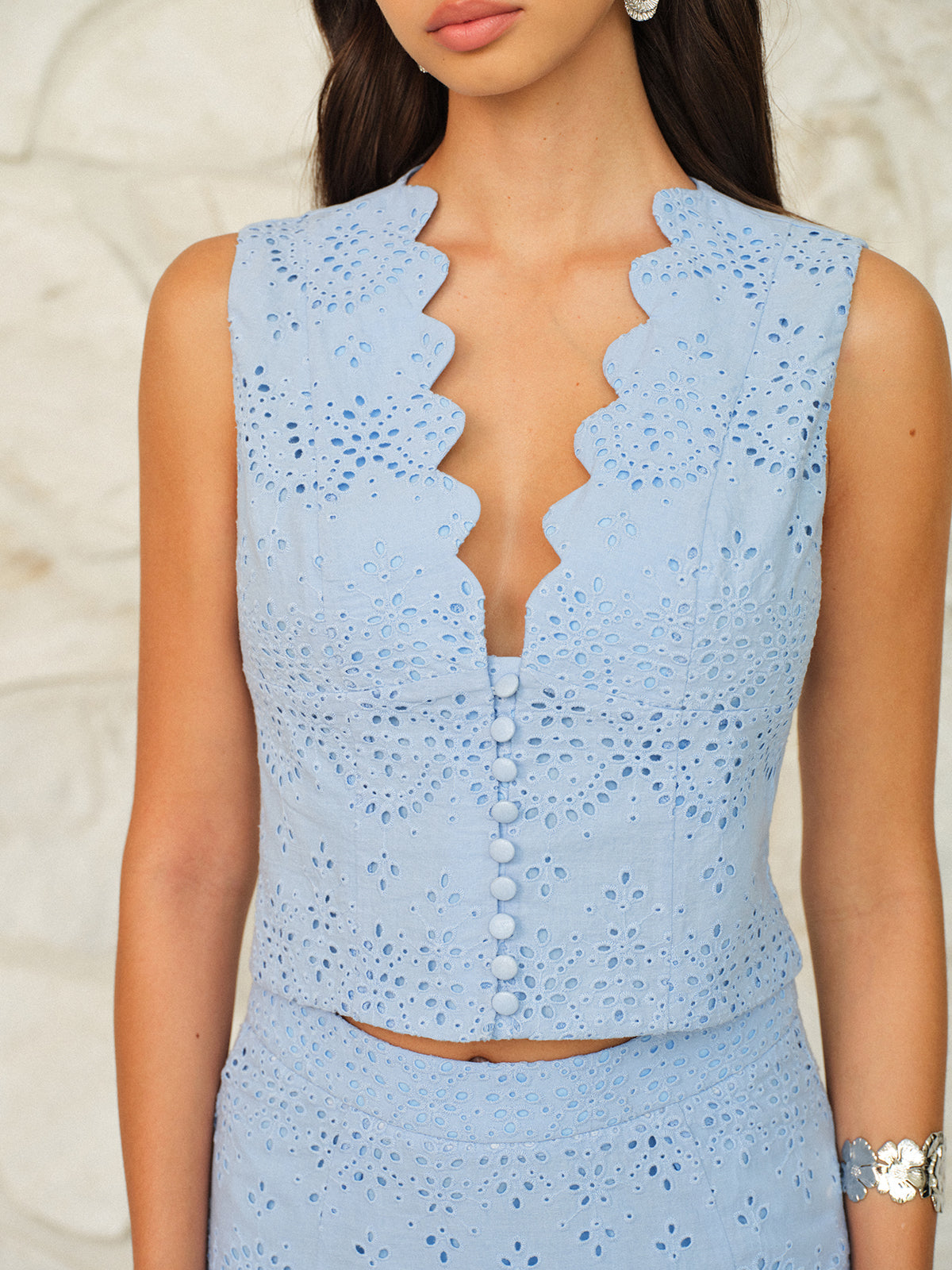Scalloped Neckline Button-Front Eyelet Crop Top - Calestra
