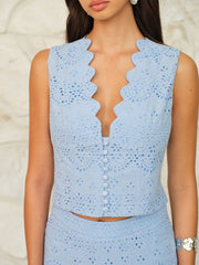 Scalloped Neckline Button-Front Eyelet Crop Top - Calestra