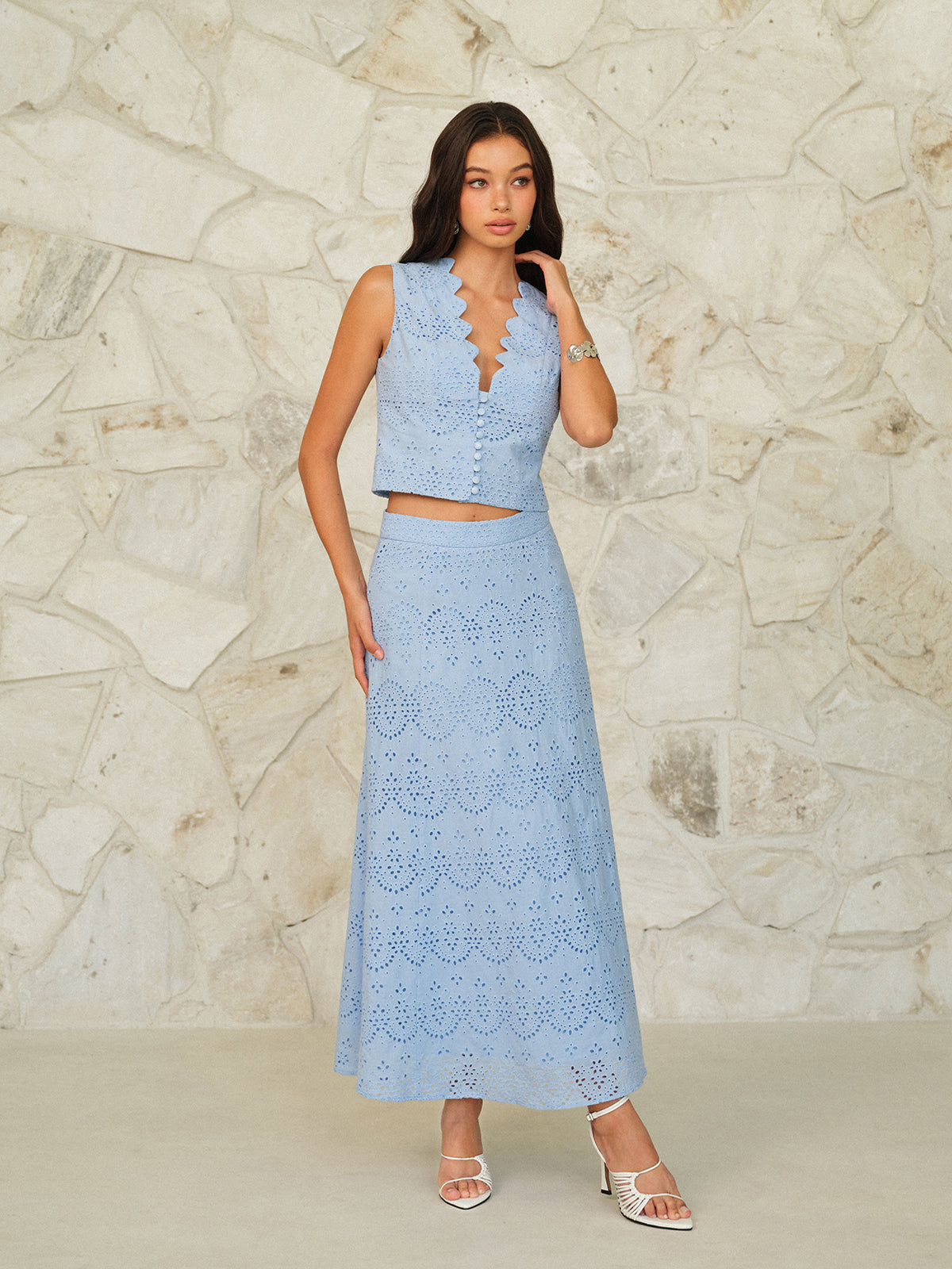 Scalloped Neckline Button-Front Eyelet Crop Top - Calestra