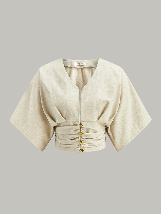 Cotton & Linen Kimono Sleeve Button Top - Calestra