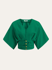 Cotton & Linen Kimono Sleeve Button Top - Calestra