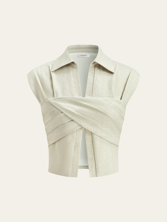 Linen Blend Cropped Blouse with Cross Wrap Detail - Calestra