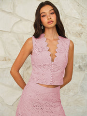 Scalloped Neckline Button-Front Eyelet Crop Top - Calestra