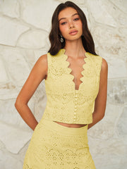 Scalloped Neckline Button-Front Eyelet Crop Top - Calestra