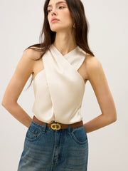 Satin Cross-Over Collar Tank Top - Calestra
