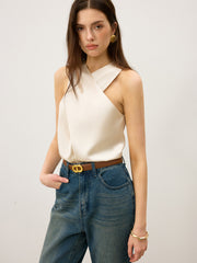 Satin Cross-Over Collar Tank Top - Calestra