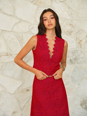 Scalloped Neckline Button-Front Eyelet Crop Top - Calestra