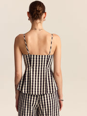 Gingham Spaghetti Strap Peplum Top with Lace Trim - Calestra